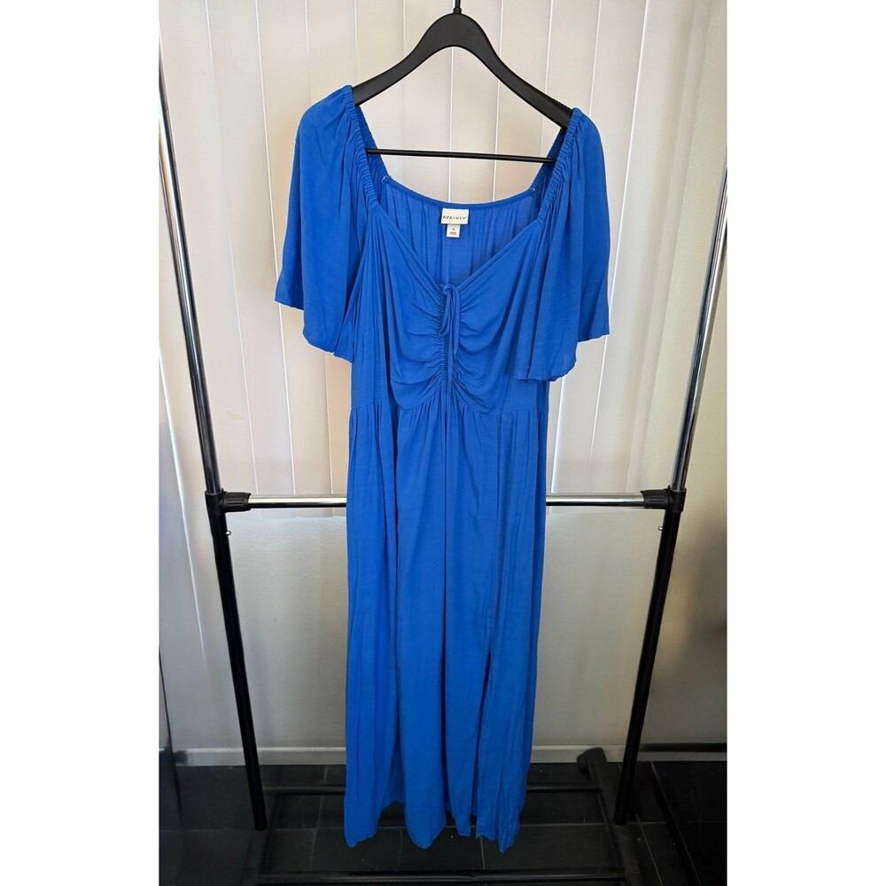 Women’s  Ava & Viv Plus Size Blue Flutter Sleeve A-Line Maxi Dress Size 1X